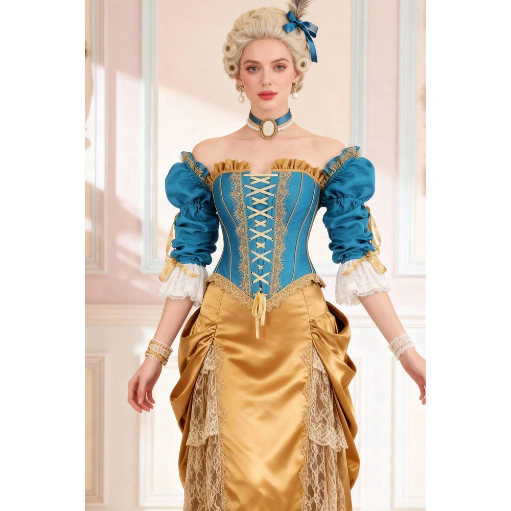 Attitude Corsets - Joplin Rococo Off Shoulder Vollbrust Korsett - Blau/Goldfarben